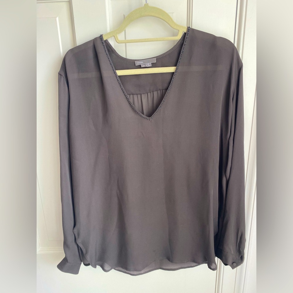 Stunning Beaded Silk Vince Blouse Top. Size Small. Gray